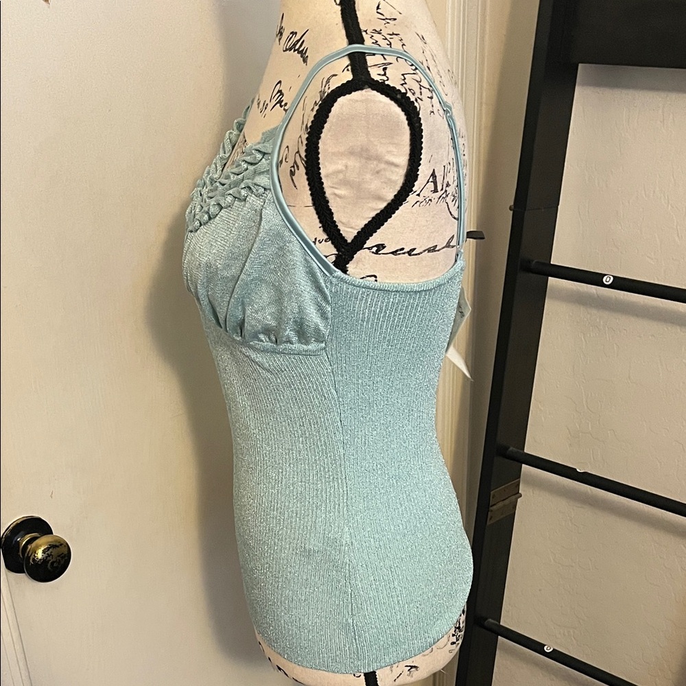 SOLD Y2K Bebe O Blue Metallic Ruffled Camisole Tank Top Party Event 2000’s New - Picture 2 of 11